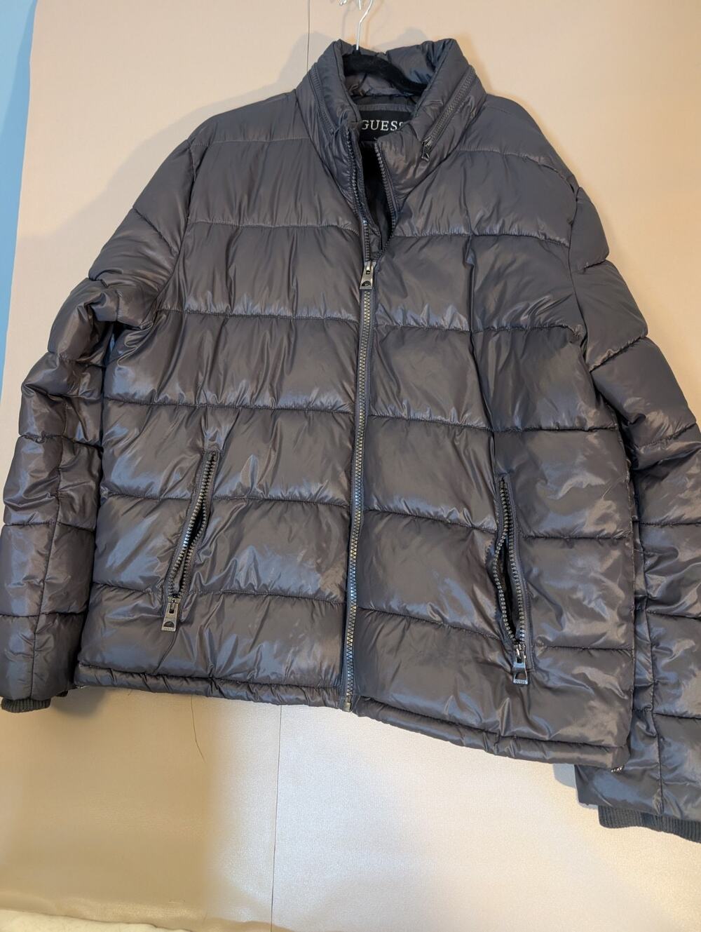 GUESS Mens 2XL Black Quilted Puffer Jacket Full Zip Logo Patch Lightweight